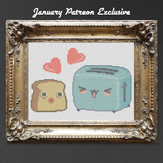 kawaii cross stitch pattern of a toaster and a little slice of bread