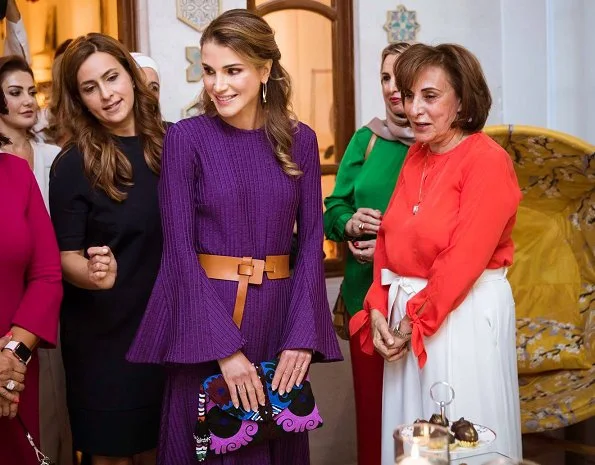 Style of Queen Rania wore Roksanda Ilinčić purple dress, Prabal Gurung bell midi dress, Hillier Bartley midi dress