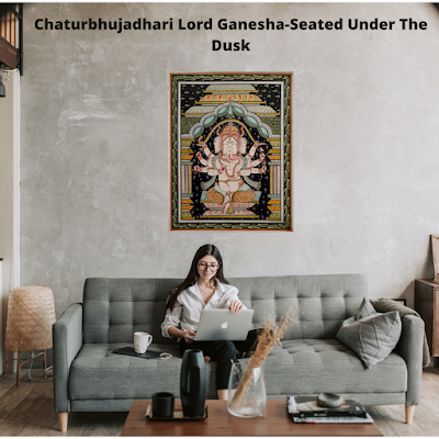 Paata Painting on Silk - Chaturbhujadhari Lord Ganesha