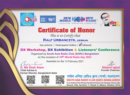 Certificate of Honor : 10th World Radio Day 2021