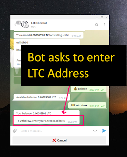 Telegram LTC Click Bot will ask you to enter LTC Address of your wallet
