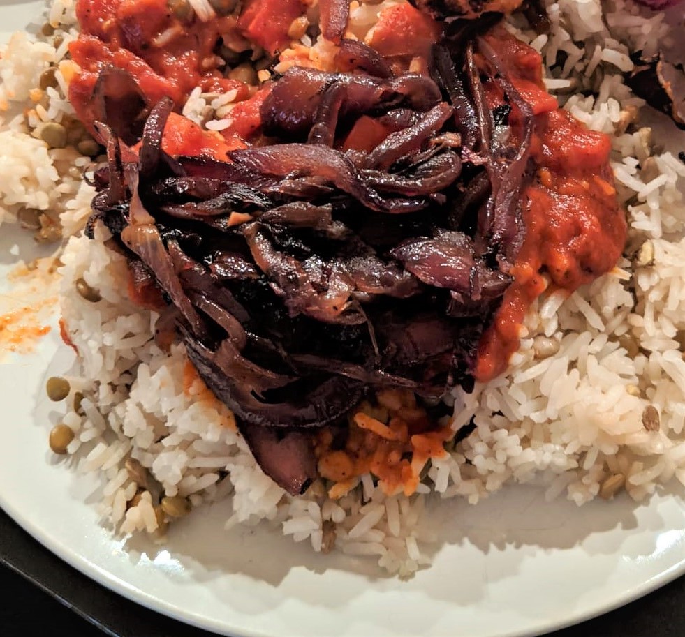 Koshari (Egyptian rice) with Daqqus (Kuwaiti tomato sauce) Marina