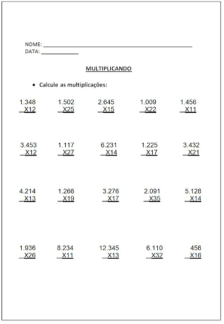 ATIVIDADES DE MULTIPLICAÇÃO PARA IMPRIMIR 5o ANO