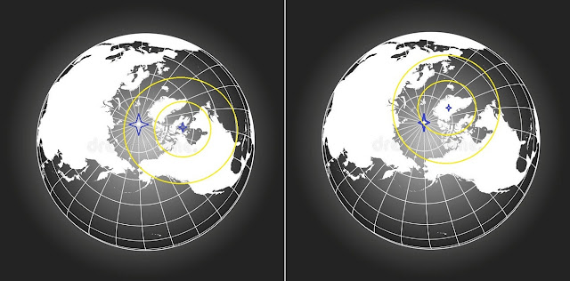 В первой теории (О’Келли), Северный полюс был в районе Гудзонова пролива. Во второй теории (по А. Вегенеру), Северный полюс был в центре острова Гренландии.