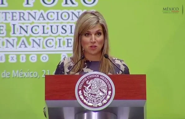 Queen Maxima attended the conference at National Palace in Mexico City. President Enrique Pena Nieto. Wore Natan Dress