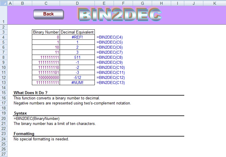 BINARY to DECIMAL Formula Excel Formula