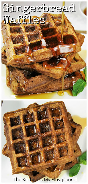 Gingerbread Waffles ~ FABULOUS for Christmas morning! Can be made ahead & warmed in the oven for a super easy morning.  #waffles #gingerbread #Christmas #Christmasbreakfast #Christmasmorning  www.thekitchenismyplayground.com