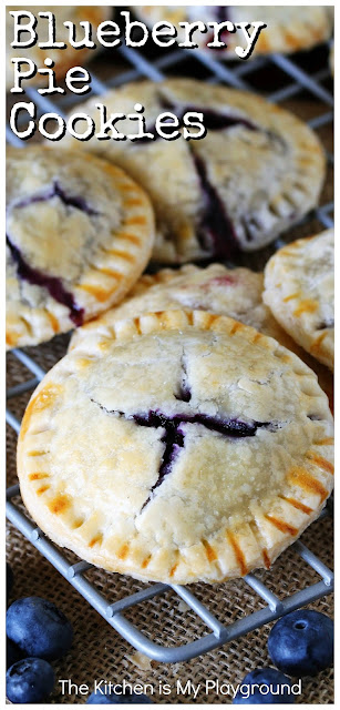 Blueberry Pie Cookies ~ Stuffed full of homemade fresh blueberry pie filling, these tasty Cookies are just like eating an adorable mini little blueberry pie. Just no fork required! www.thekitchenismyplayground