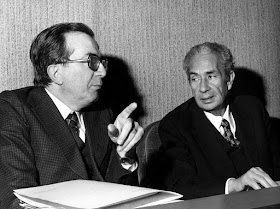 Andreotti, left, with Aldo Moro in 1978, shortly before the latter was kidnapped by the Red Brigades terrorist group