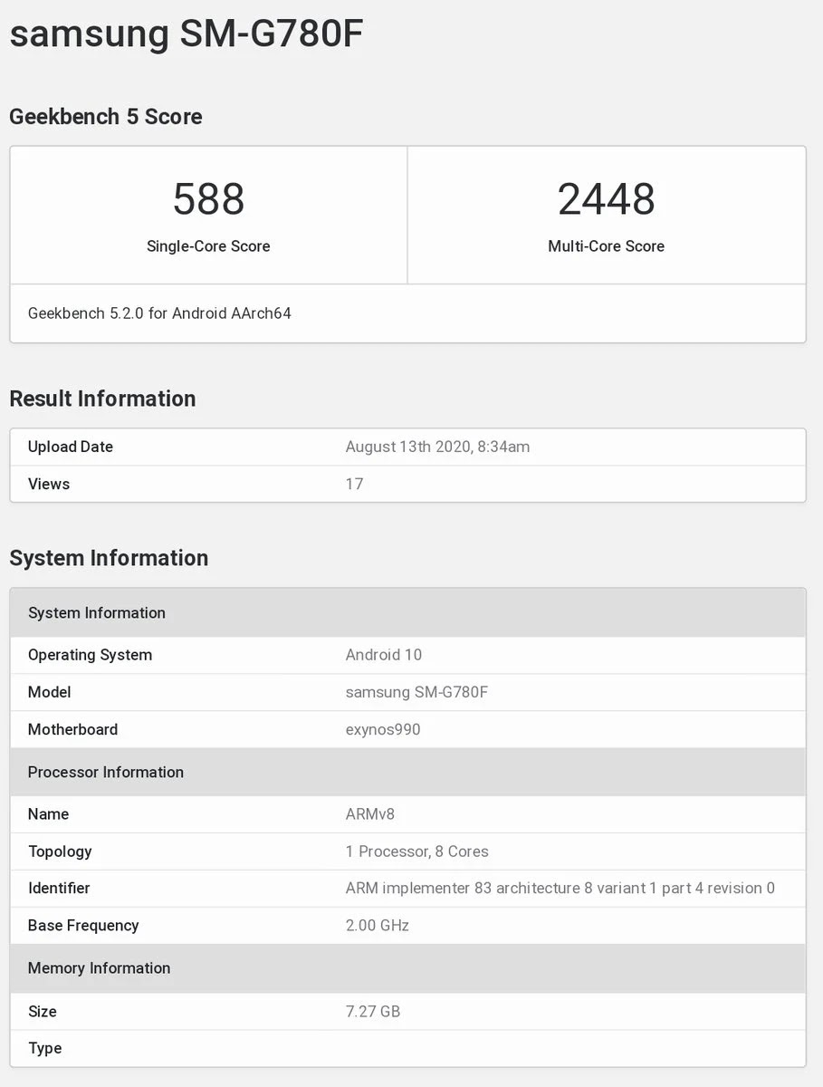 Galaxy S20 Fan Edition Spotted on Geekbench with Exynos 990