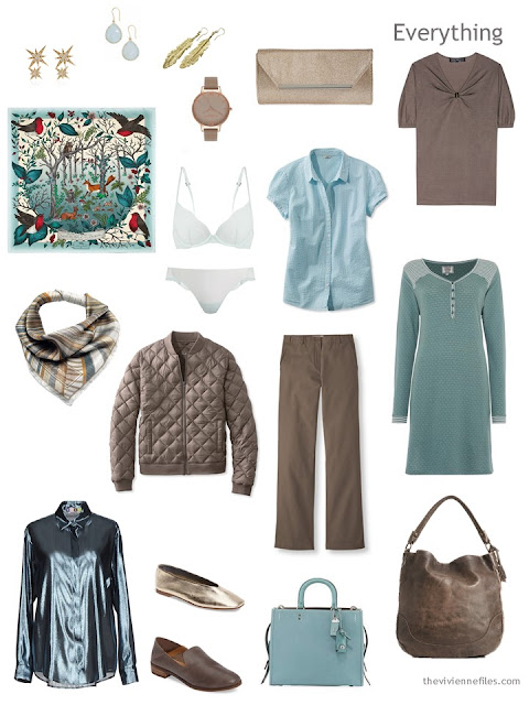 a Tote Bag Travel capsule in brown, aqua and teal a Tote Bag Travel capsule in brown, aqua and teal
