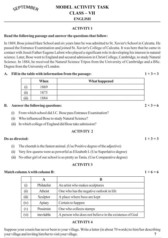 Model Activity Tasks | English | Class 7 | September | 2021 | PDF | Question & Answer