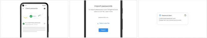 This is a GIF showing steps to fix compromised passwords in Chrome,  import passwords from other password managers to Password Manager and Password Alerts.