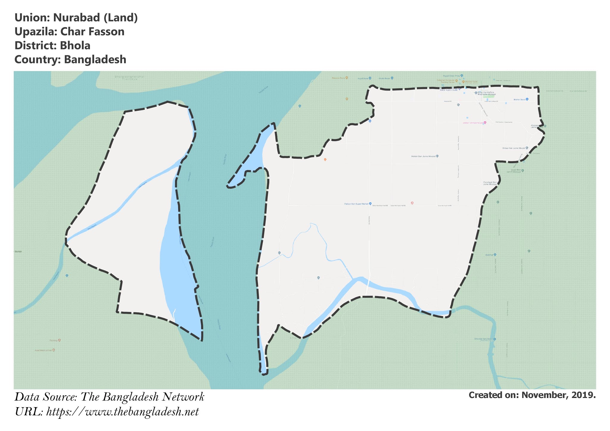 Map of Nurabad of Bhola, Bangladesh.