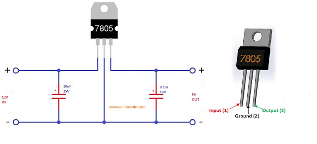 Converter of 12v to 5v-1 Amp using a 7805 IC.