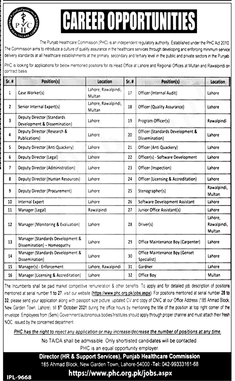 Punjab Healthcare Commission PHC Jobs 2021 Punjab Healthcare Commission PHC Jobs 2021