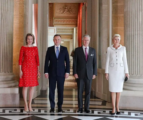 Queen Mathilde wore Natan lace dress from spring summer 2018 collection. First Lady Agata Kornhauser-Duda