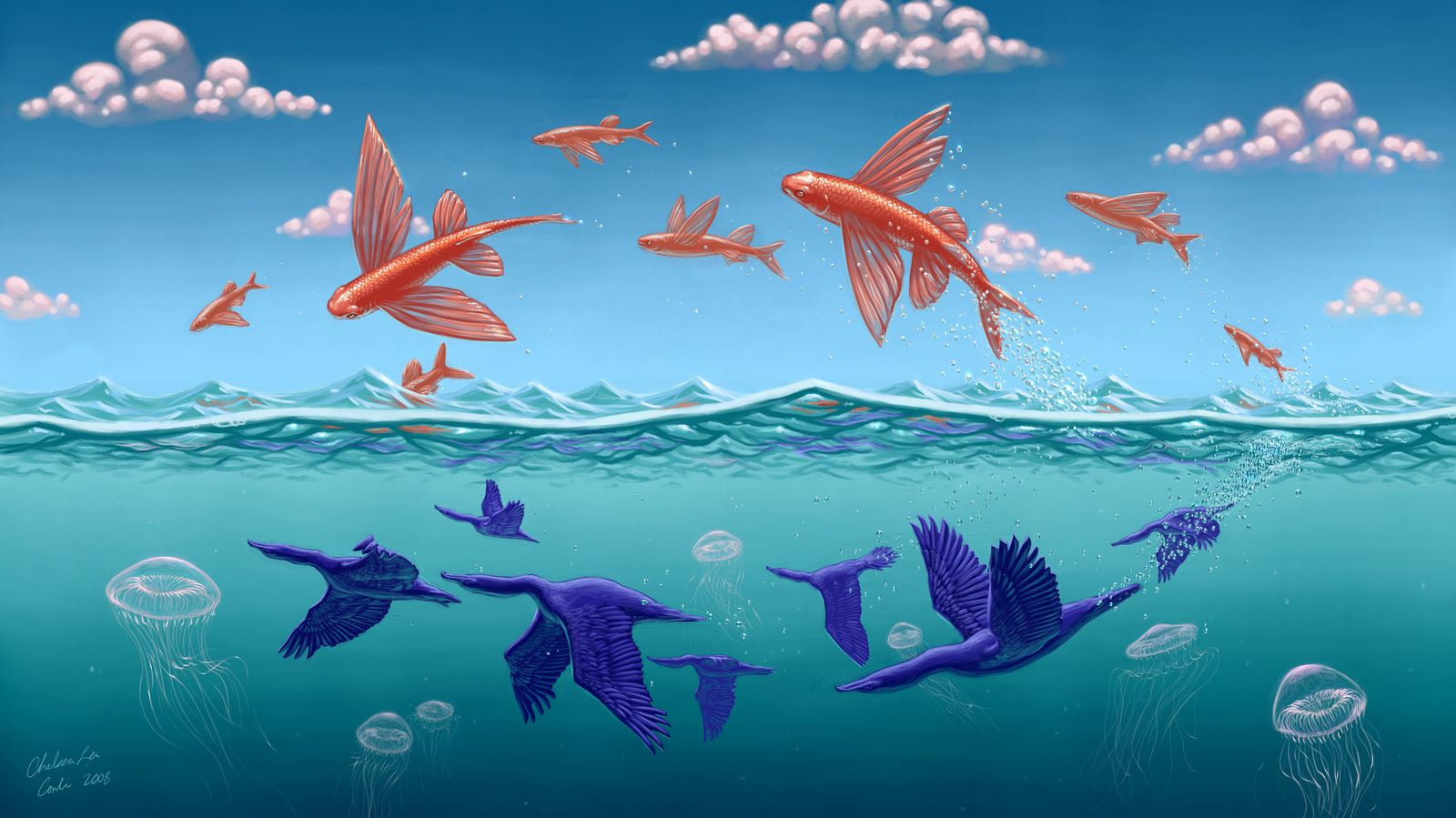 Птицы летающие под водой. Летающая рыба. Рыбы в небе. Рыбы в небе арт. Летучая рыба арт.
