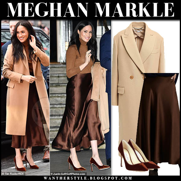 Meghan Markle in camel coat and brown satin midi skirt in London on January  7 ~ I want her style - What celebrities wore and where to buy it. Celebrity  Style