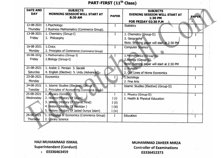 Part 1 , 2 Date Sheet 2024 BISE Multan Board