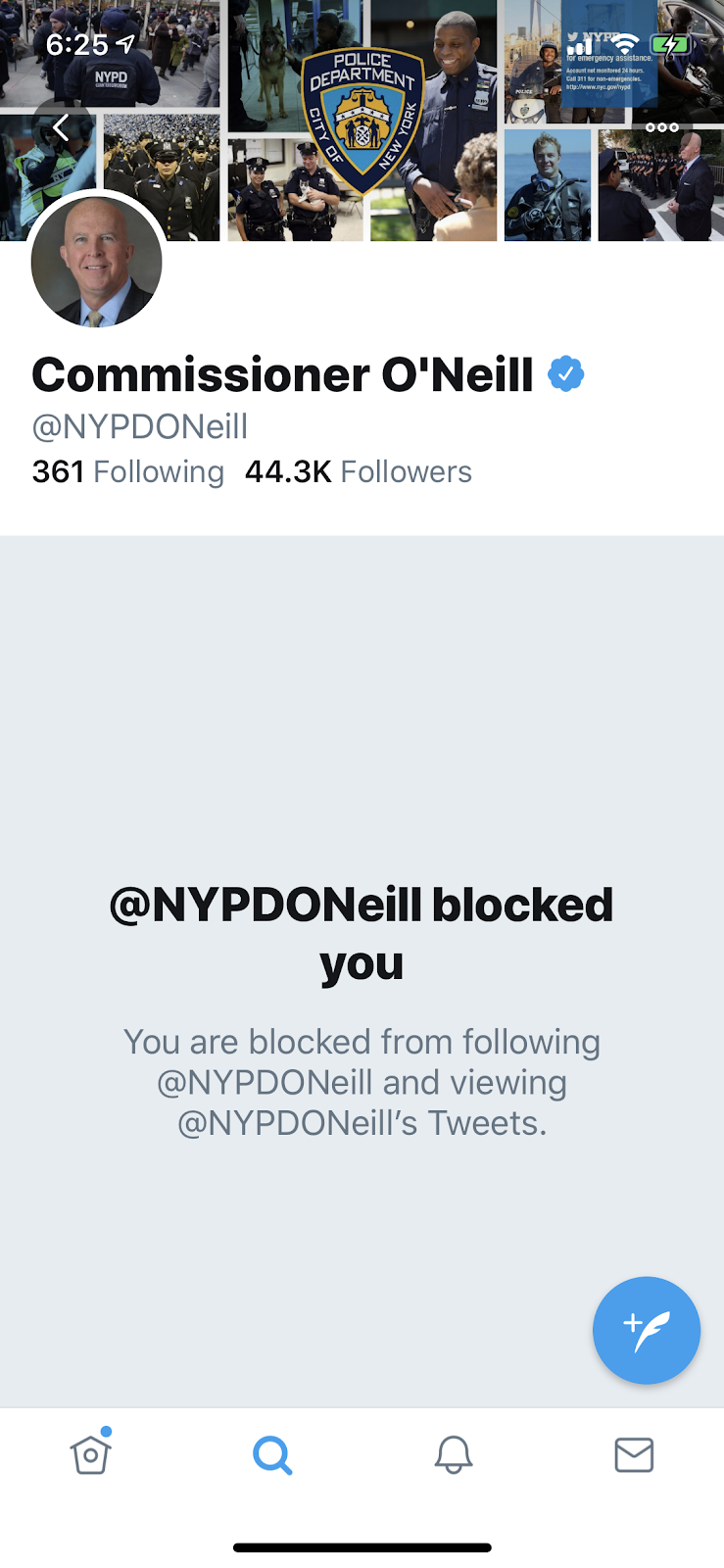 Corrupt NYPD PC O'Neill Blocks me on Twitter