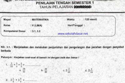 Download soal UTS atau soal evaluasi tengah semester  Soal UTS Penilaian Tengah Semester 1 Matematika Kelas 5