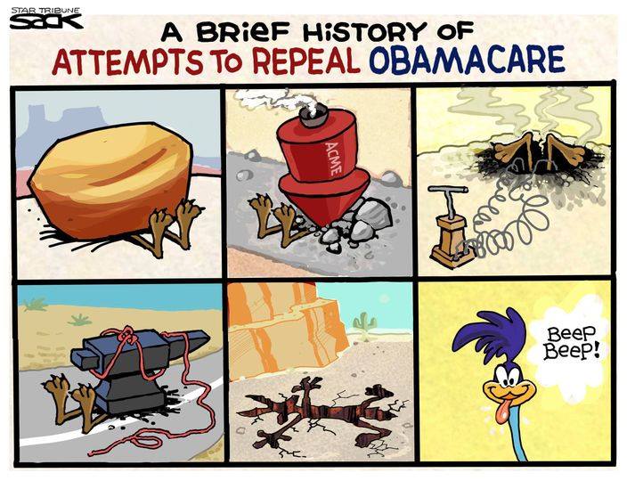 Title:  A Brief History of Attempts To Repeal Obamacare.  Frame One:  Wile E. Coyote under a rock.  Frame Two:  Wile E. Coyote under an 