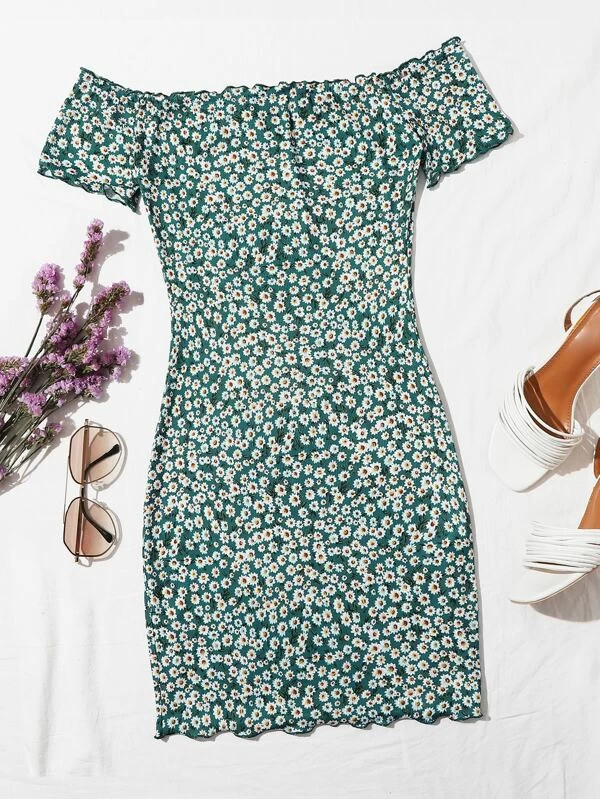 Ditsy Floral Lettuce Trim Bardot Dress