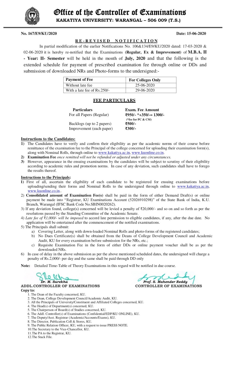 kakatiya university mba 2nd year 2nd sem july 2020 re-revised fee notification
