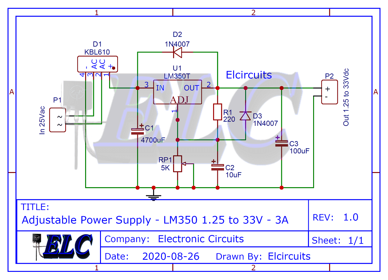 Adjustable Power Supply 1.25v to 33V, 3 Amps using LM350 + PCB