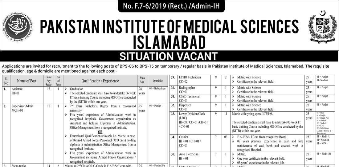 Pakistan Institute of Medical Sciences (PIMS) Islamabad Jobs