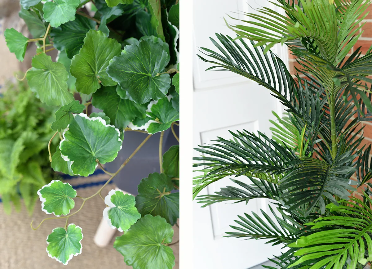 front porch decorated with artificial outdoor plants