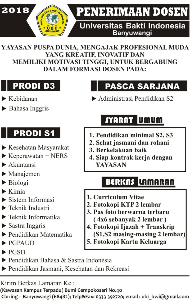 Lowongan Dosen Banyuwangi November 2018 | Agung Id