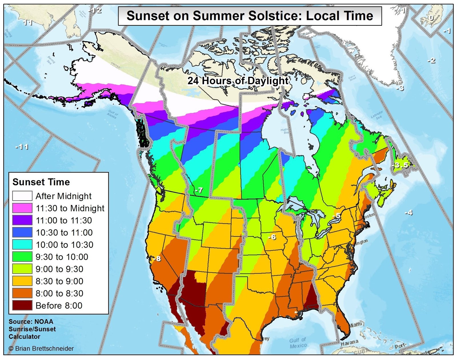 Sunrise time, sunset time, and hours of daylight on the summer solstice