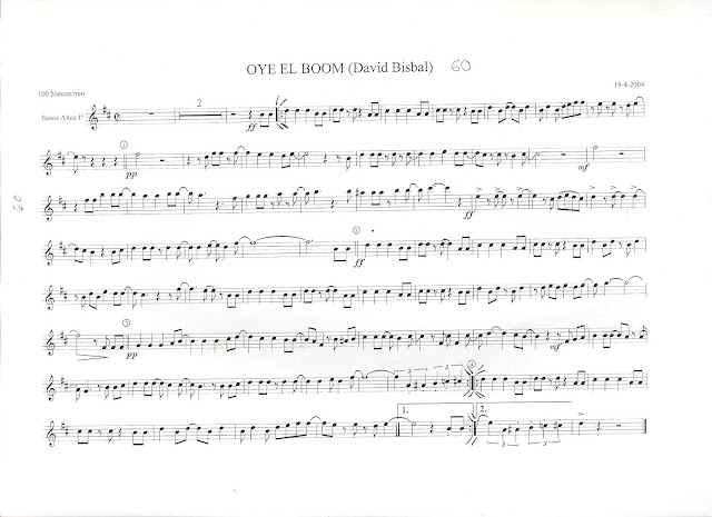  Partitura de Oye el Boom de David Bisbal para Saxofón Tenor, también sirve para tocar con saxo soprano, clarinete, flauta, trompeta, y cualquier instrumento que lea en clave de sol