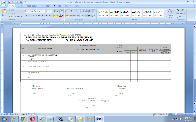 Contoh Rencana Kegiatan dan Anggaran Sekolah (RKAS)