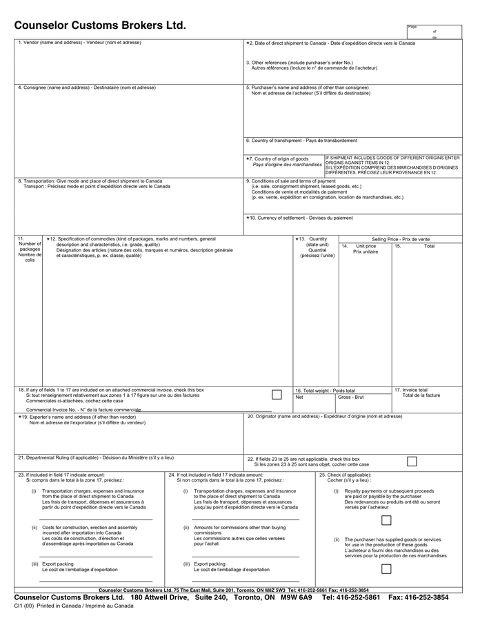 Canadian Customs Invoice Template Invoice Template