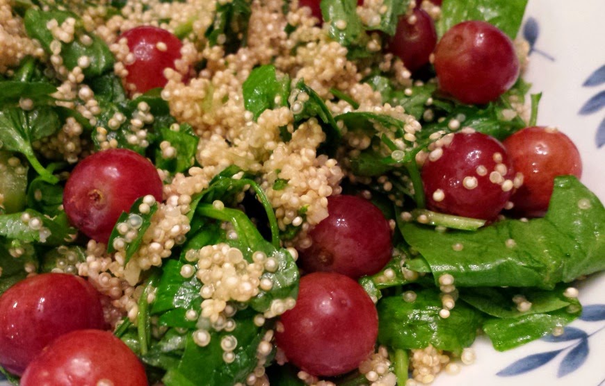A quick and easy cooking with produce recipe. Spinach and Grape Quinoa Salad courtesy of Papa Spud's produce delivery service.