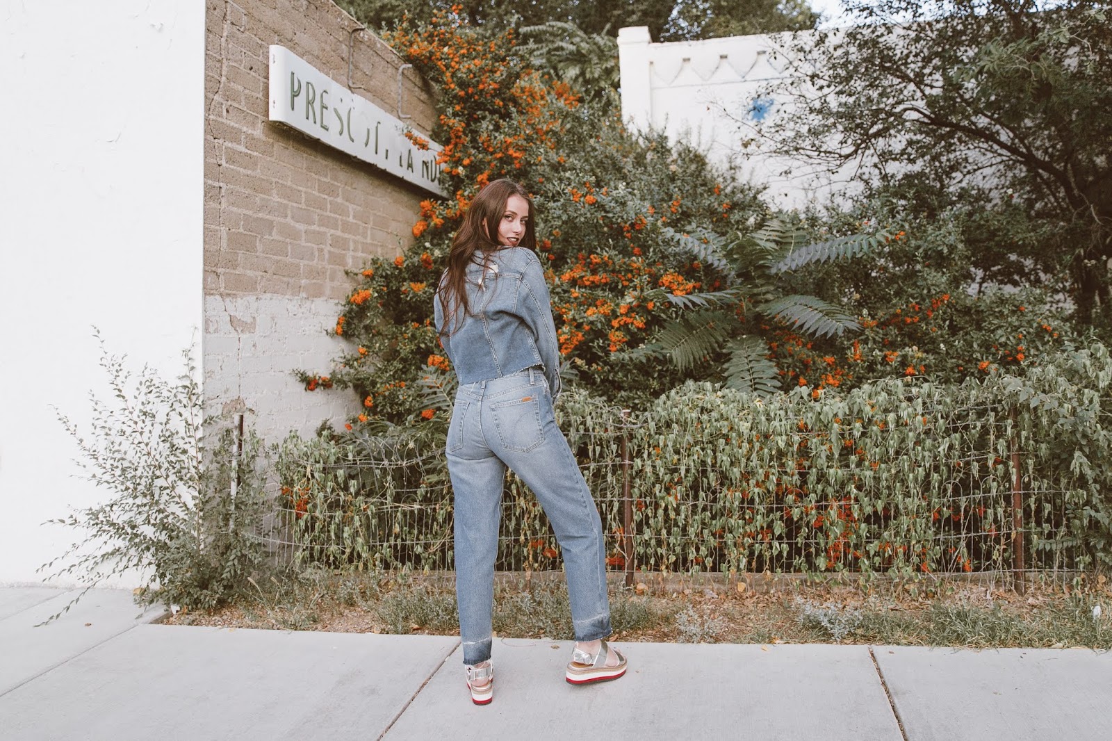 Arizona Girl fashion blog, Joe's Jeans, Stylinity, platform sandals, denim jacket, fall style 2018, Canadian tuxedo, Shelly Stuckman