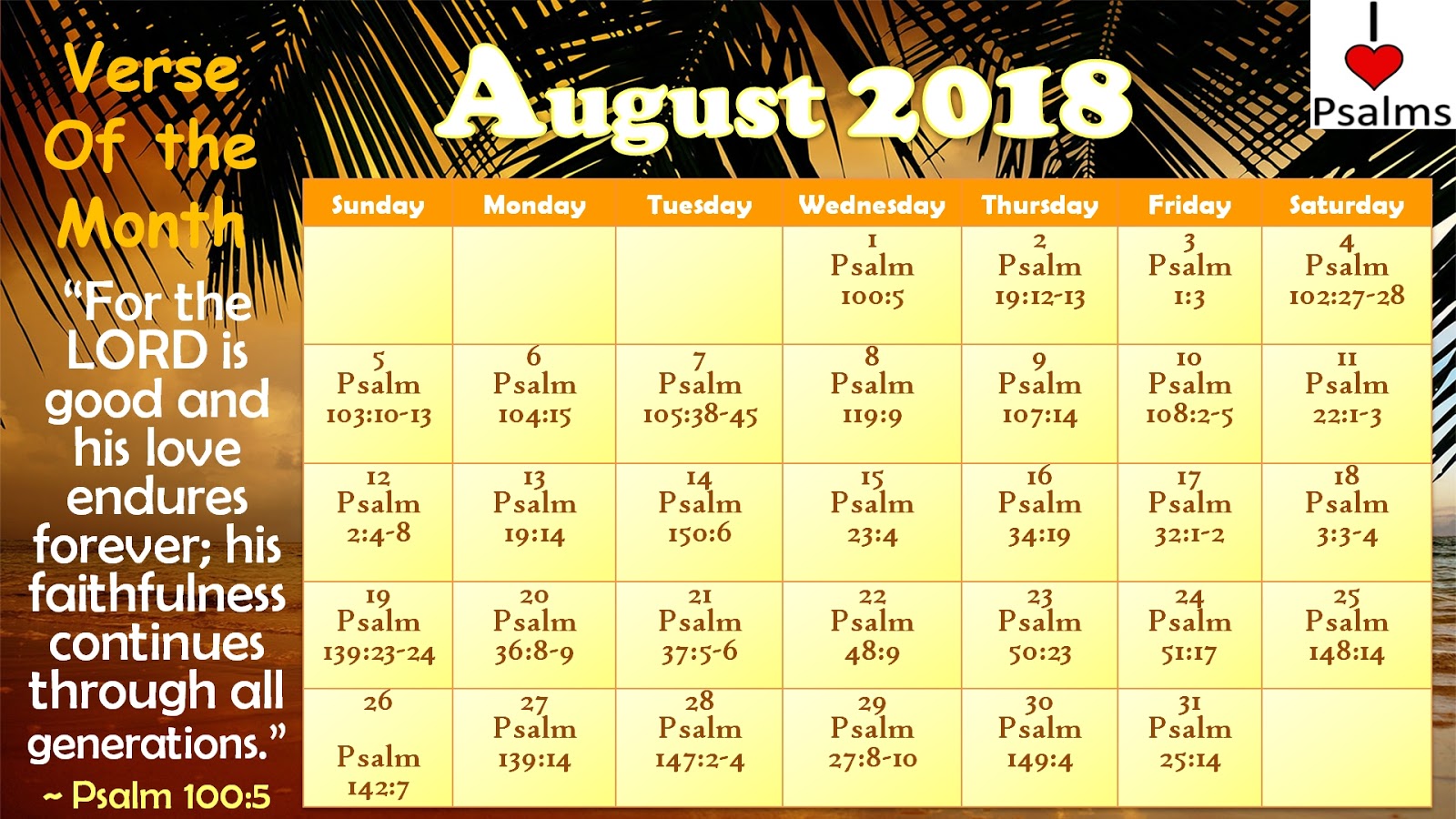 I Love Psalms Calendar August 2018 Printable Version