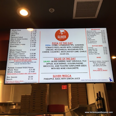 menu at Sliver Pizzeria in downtown Berkeley, California