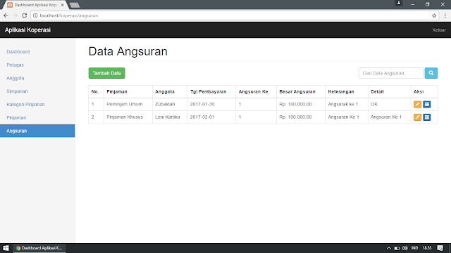 Data Angsuran Pinjaman di Aplikasi Koperasi (Pengelolaan Data : Tampil, Tambah, Edit, Cari, Detail) Data Angsuran Pinjaman di Aplikasi Koperasi (Pengelolaan Data : Tampil, Tambah, Edit, Cari, Detail)