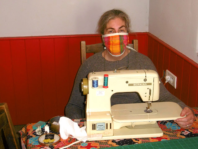 Making homemade masks during the Covid19 crisis.  Indre et Loire, France. Photograph of Susan Walter. Tour the Loire Valley with a classic car and a private guide.