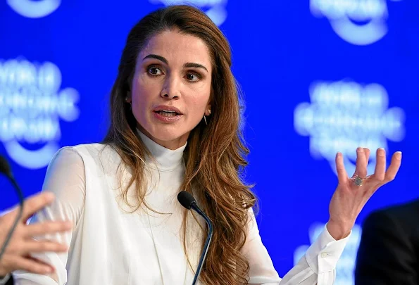 Queen Rania of Jordan listens to the International Committee of the Red Cross (ICRC) president Peter Maurer during a session at the World Economic Forum (WEF) annual meeting in Davos.