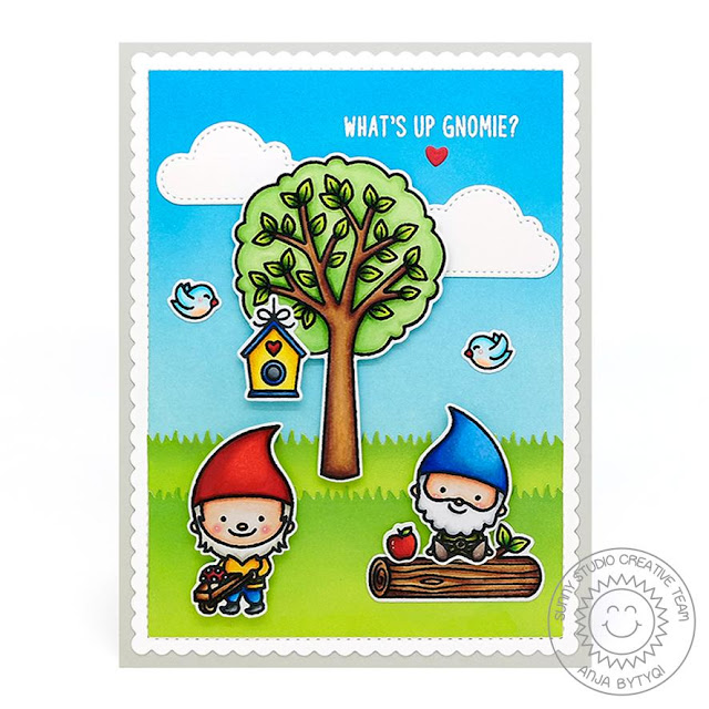 Sunny Studio Stamps: Seasonal Trees Fluffy Clouds Frilly Frames Home Sweet Gnome Punny Card Anja Bytyqi 