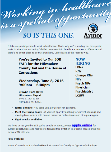 You're invited to our JOB FAIR for the Milwaukee County Jail and the House of Corrections! Armor Correctional is now hiring LPNs, RNs, Charge RNs, NPs, Psych NPs, Physician, Psychiatrist, LCSW