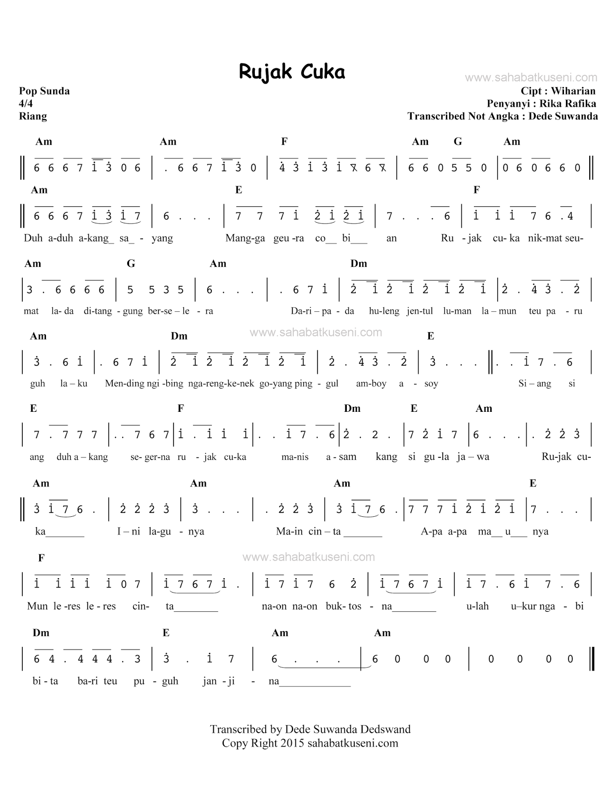 Not Lagu Sunda Kumpulan Not Lagu
