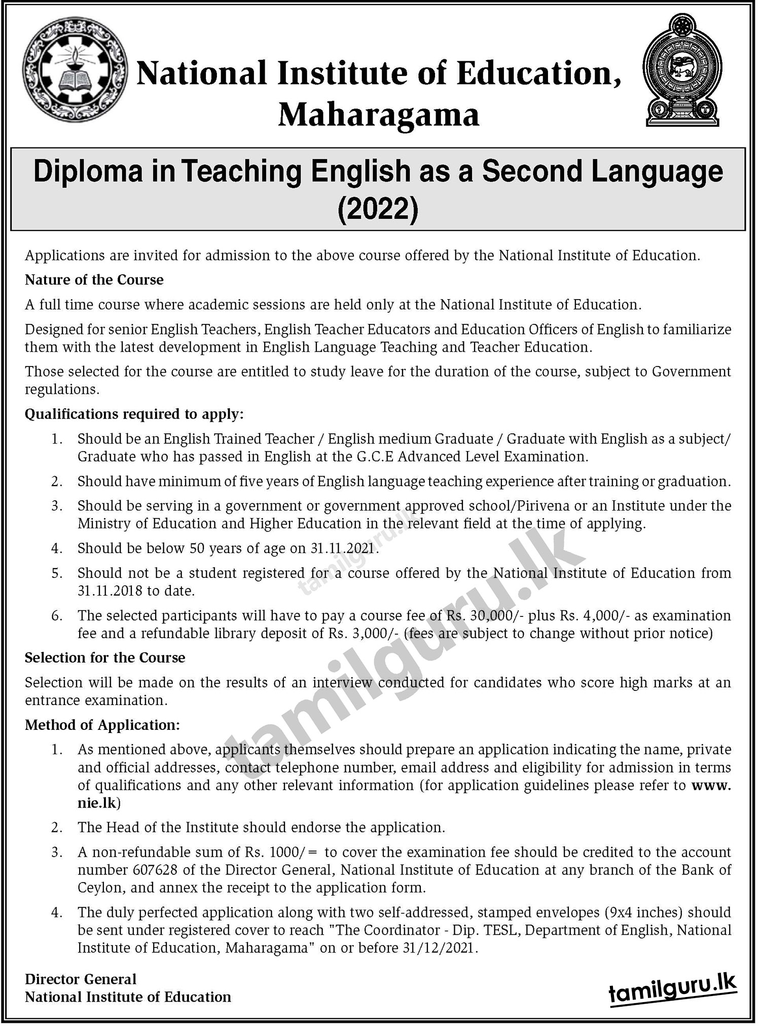 Diploma in Teaching English as a Second Language (TESL) 2021/2022 - National Institute of Education (NIE)