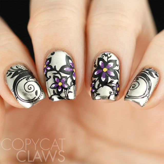 Floral Stamping On Chrome Nails