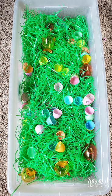 Alphabet match sensory bin is a simple spring bin for preschool or kindergarten that focuses on matching upper and lowercase letters.